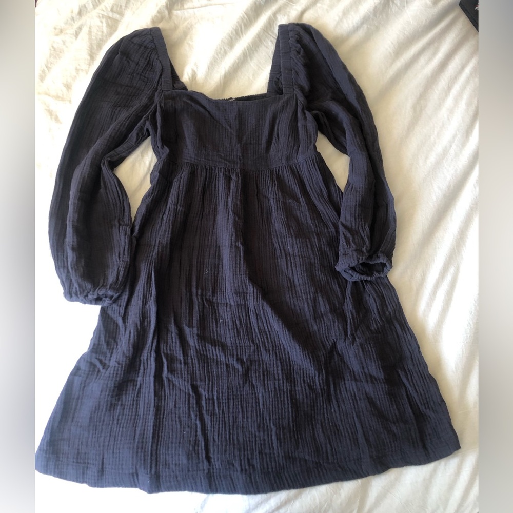 J. Crew Black Muslin Square Neck Cotton Long Sleeve Dress with Smocked Back